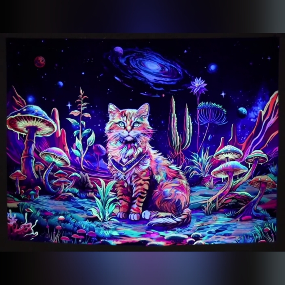 Colorful Space Kitty Mushroom Blacklight Wall Tapestry Black Light Cat Lady Gift